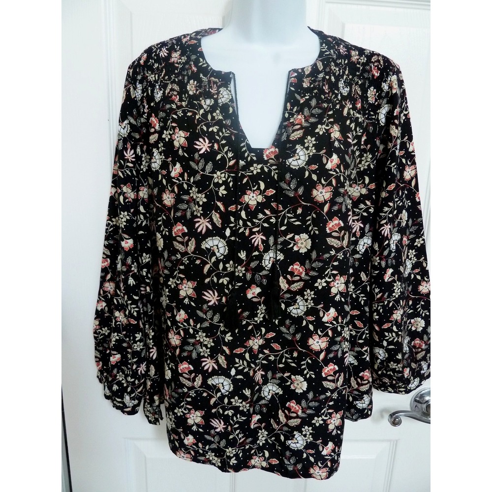 Old Navy Smocked Boho Floral Peasant Blouse Tasseled Black Pink Medium 8/10